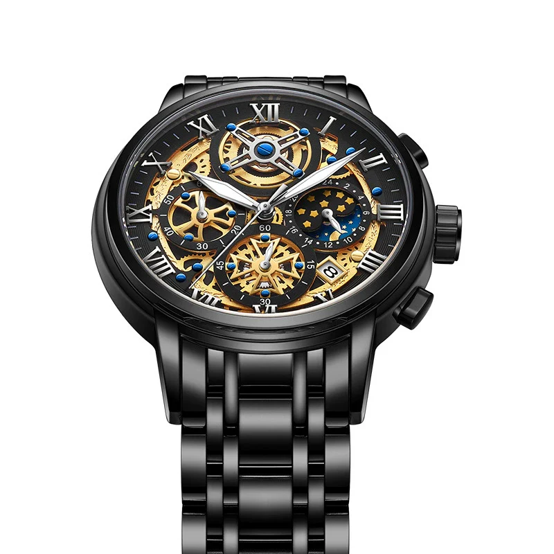 Men's Quartz Watch Multifunctional Chronograph Waterproof Hollow Concept Zinc Alloy Case Stainless Steel Strap Round Dial - Image 7