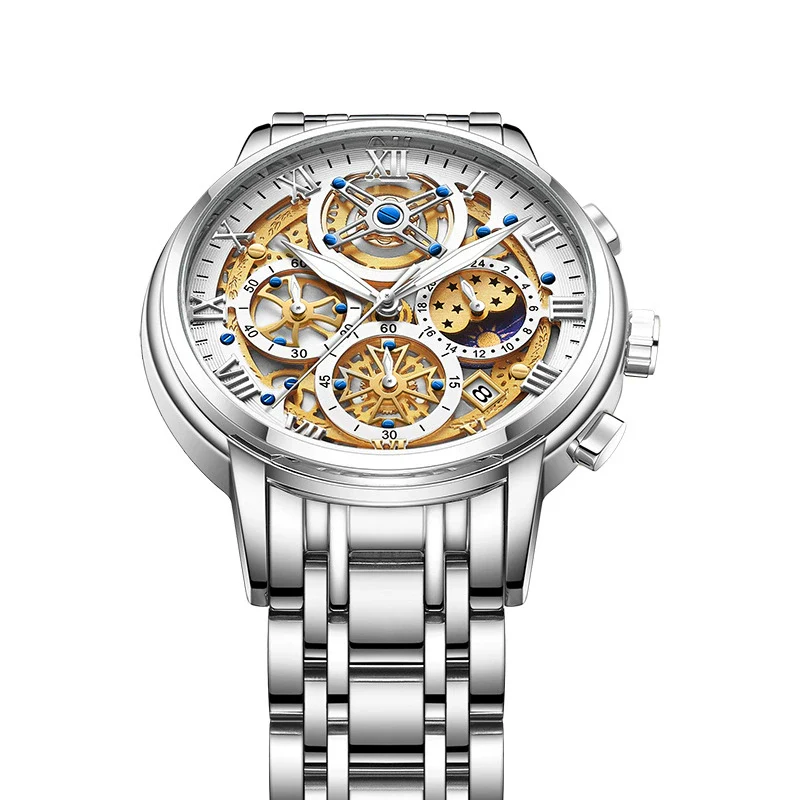 Men's Quartz Watch Multifunctional Chronograph Waterproof Hollow Concept Zinc Alloy Case Stainless Steel Strap Round Dial - Image 9