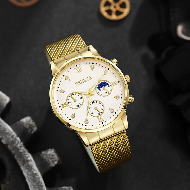 Men's Quartz Watch With Silicone Mesh Band Alloy Case Stainless Steel Strap And Buckle Round Dial Mineral Reinforced Glass Mirror Business Style Luminous - Image 2