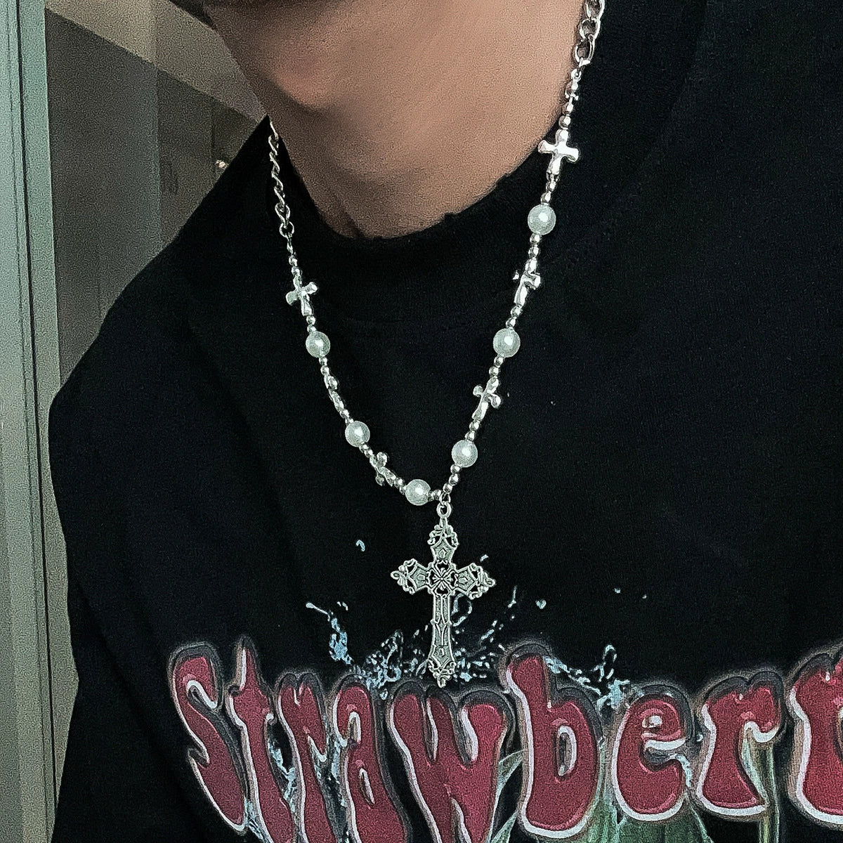 Men's Retro Cross Pendant Necklace Alloy Geometric Handmade Pearl Stitching