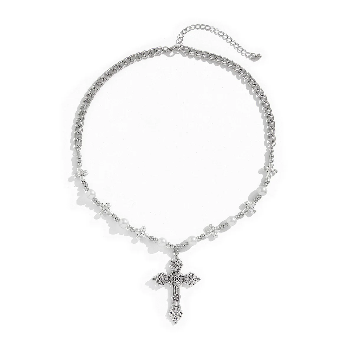 Men's Retro Cross Pendant Necklace Alloy Geometric Handmade Pearl Stitching - Image 5