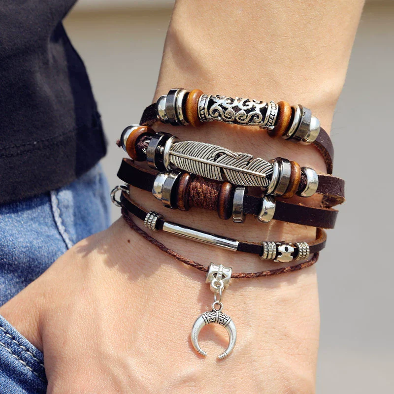 Men's Retro Natural Geometric Braided Artificial Leather Feather Hook Beaded Bracelet - Image 2