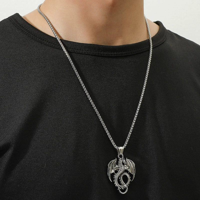 Men's Retro Punk Necklace With Flying Dragon Pendant Alloy Titanium Steel Square Pearl Chain Electroplating