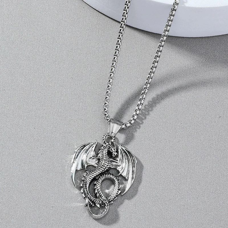 Men's Retro Punk Necklace With Flying Dragon Pendant Alloy Titanium Steel Square Pearl Chain Electroplating - Image 2