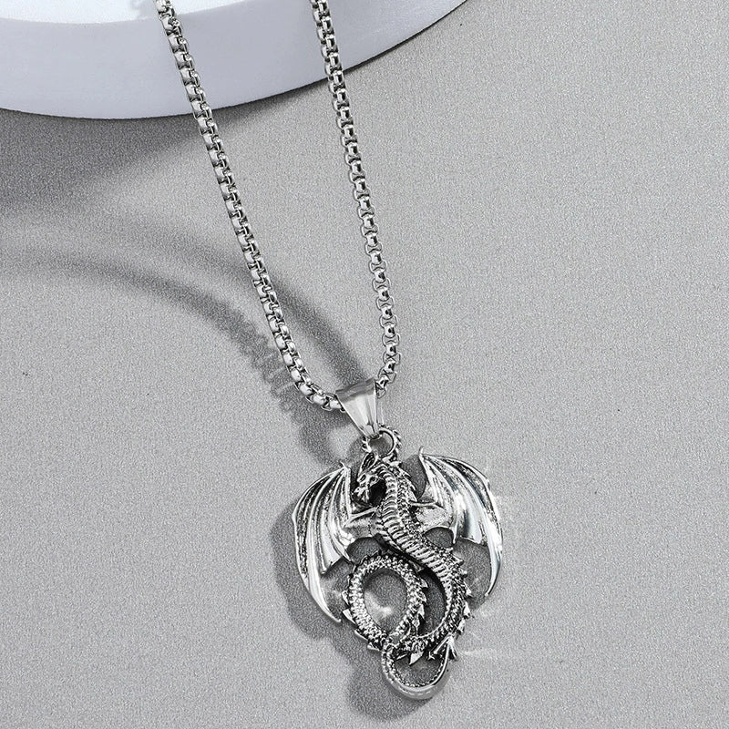 Men's Retro Punk Necklace With Flying Dragon Pendant Alloy Titanium Steel Square Pearl Chain Electroplating - Image 4