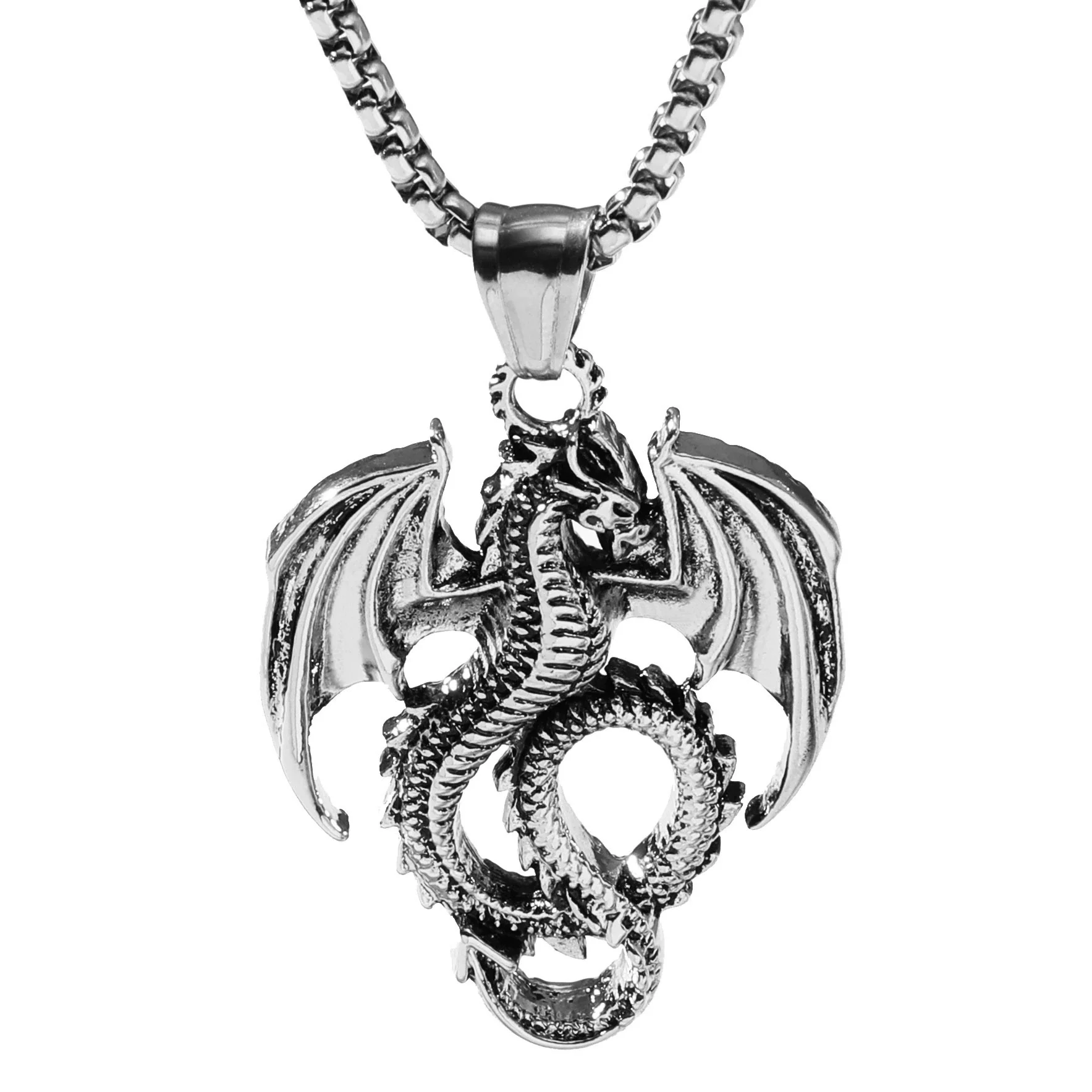 Men's Retro Punk Necklace With Flying Dragon Pendant Alloy Titanium Steel Square Pearl Chain Electroplating - Image 5