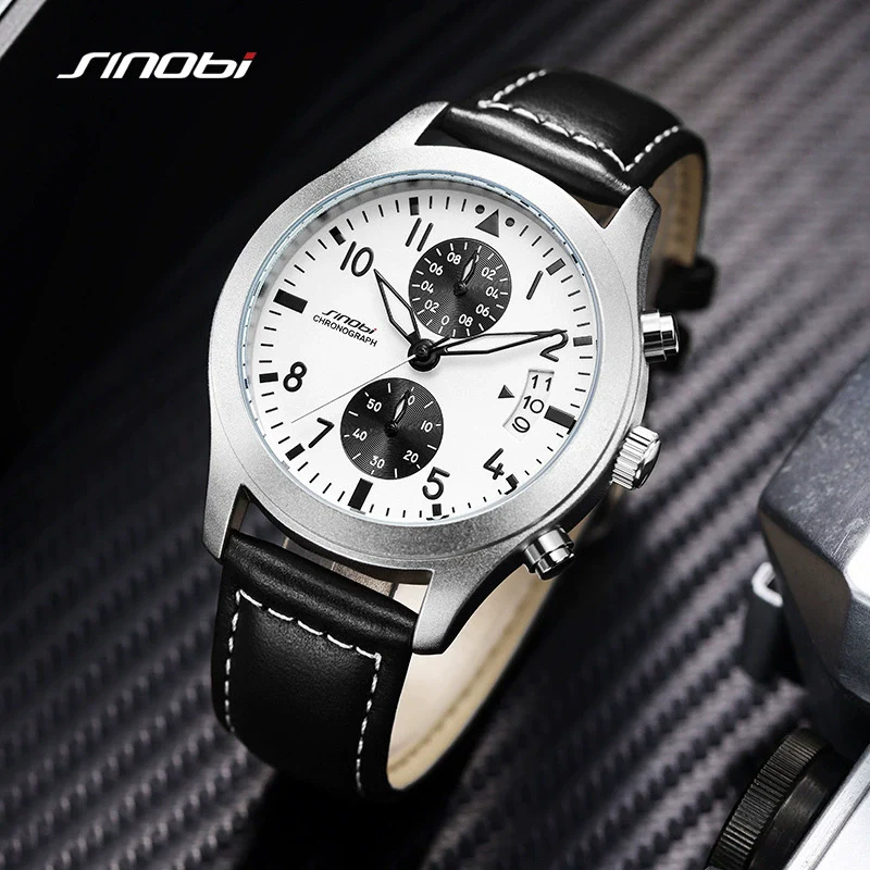 Men's Sport Genuine Leather Alloy Case Mineral Reinforced Glass Mirror Round Dial Waterproof Multifunctional Quartz Watch - Image 2