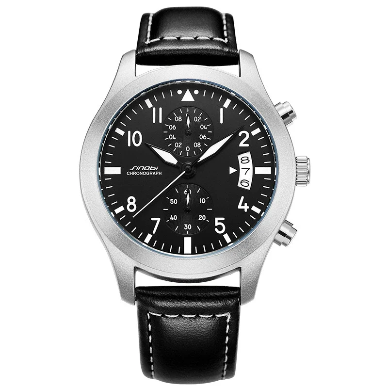 Men's Sport Genuine Leather Alloy Case Mineral Reinforced Glass Mirror Round Dial Waterproof Multifunctional Quartz Watch - Image 6