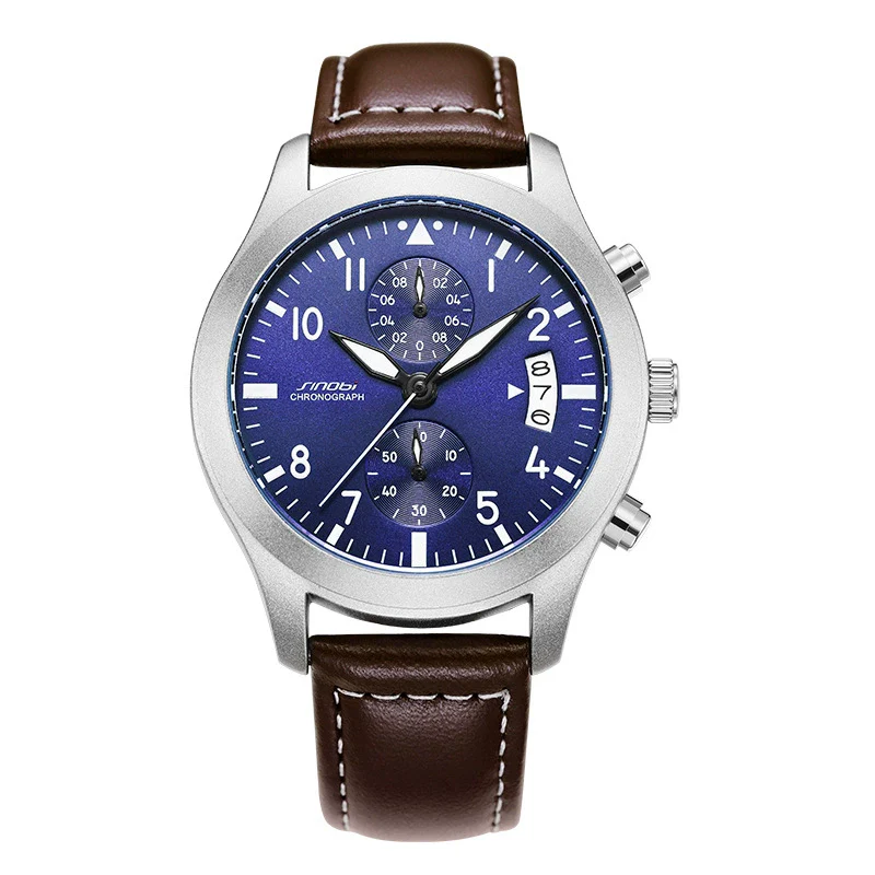 Men's Sport Genuine Leather Alloy Case Mineral Reinforced Glass Mirror Round Dial Waterproof Multifunctional Quartz Watch - Image 8