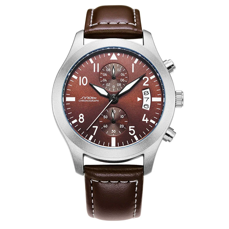 Men's Sport Genuine Leather Alloy Case Mineral Reinforced Glass Mirror Round Dial Waterproof Multifunctional Quartz Watch - Image 9