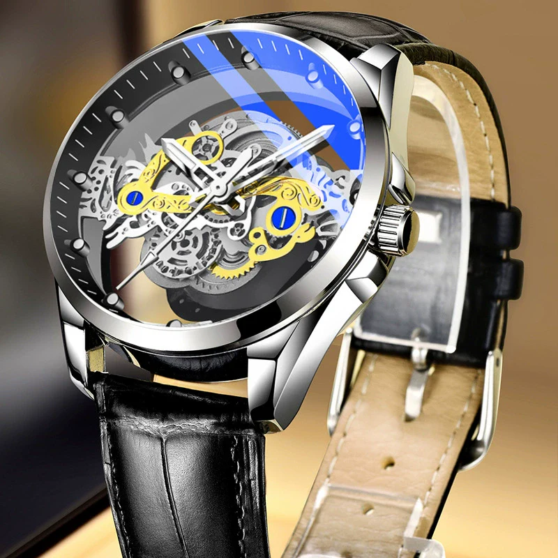 Men's Sports Alloy Case Genuine Leather Strap Round Dial Waterproof Luminous Hollowout Watch