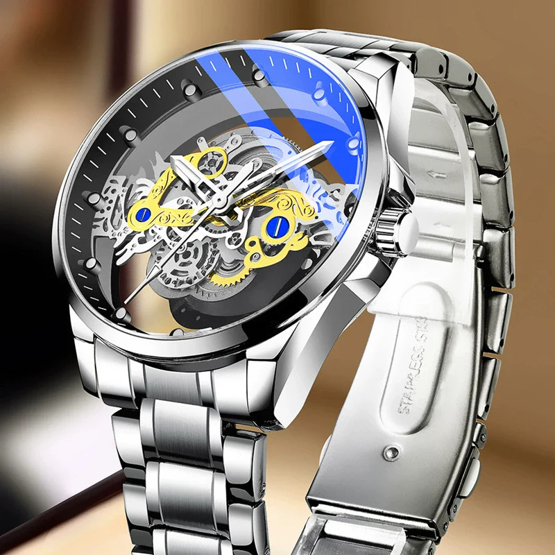 Men's Sports Alloy Case Genuine Leather Strap Round Dial Waterproof Luminous Hollowout Watch - Image 2