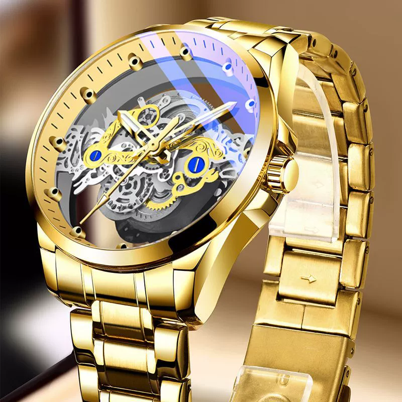 Men's Sports Alloy Case Genuine Leather Strap Round Dial Waterproof Luminous Hollowout Watch - Image 8