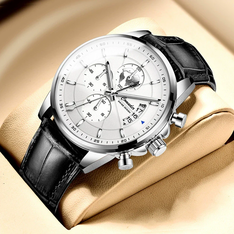 Men's Sports Automatic Waterproof Luminous Calendar Watch Metal Case Genuine Leather Strap Mineral Reinforced Glass Mirror