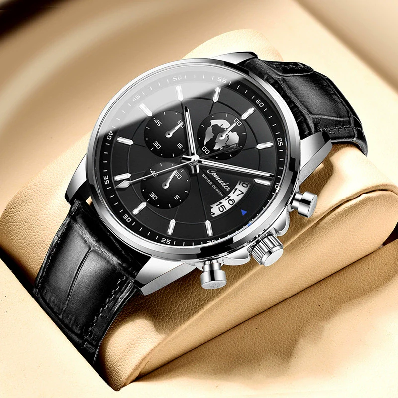 Men's Sports Automatic Waterproof Luminous Calendar Watch Metal Case Genuine Leather Strap Mineral Reinforced Glass Mirror - Image 3
