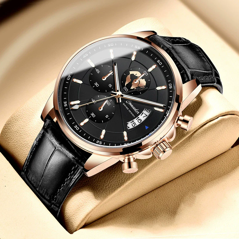 Men's Sports Automatic Waterproof Luminous Calendar Watch Metal Case Genuine Leather Strap Mineral Reinforced Glass Mirror - Image 8