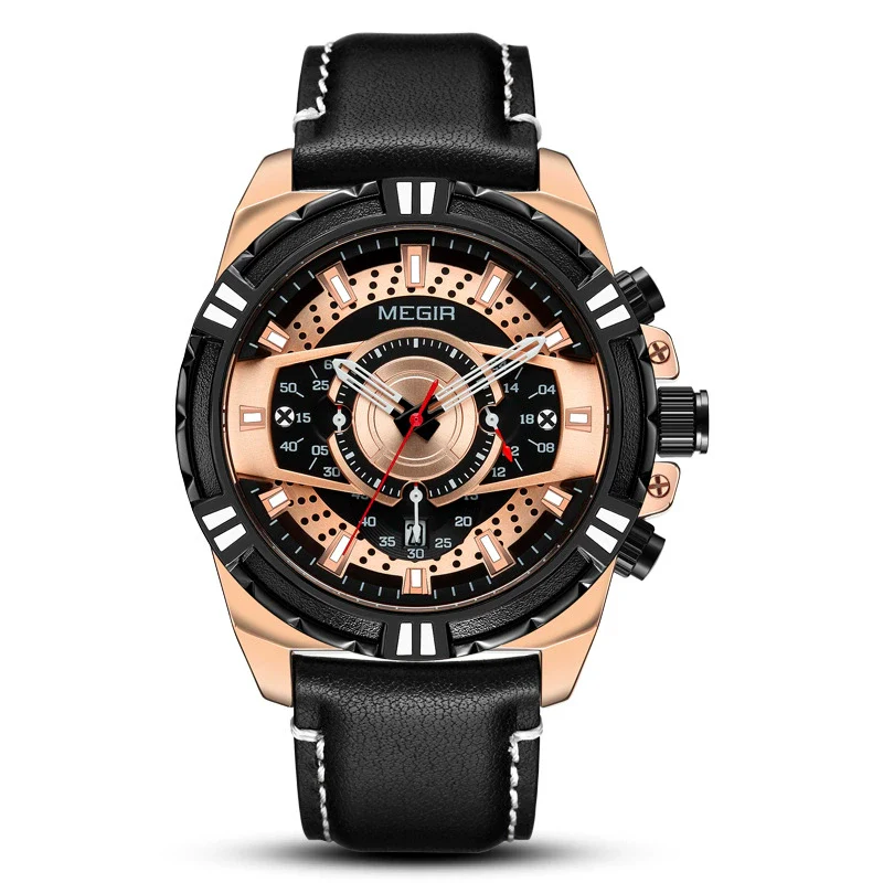 Men's Sports Chronograph Watch Alloy Case Genuine Leather Strap Mineral Strengthened Glass Mirror Round Dial - Image 2