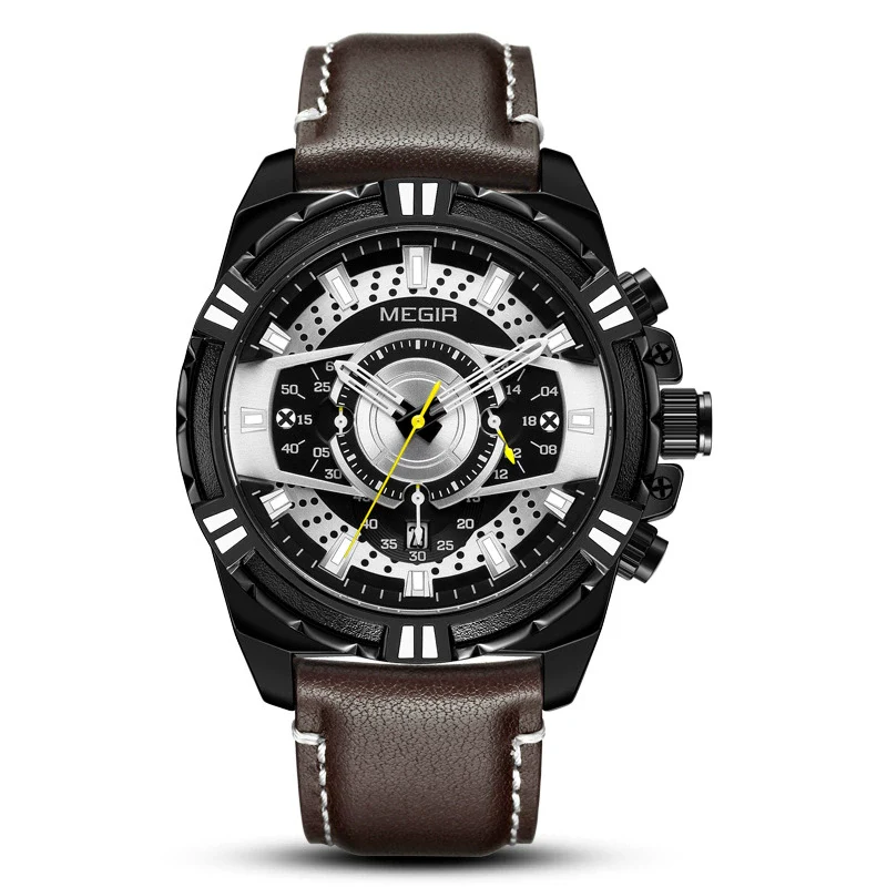 Men's Sports Chronograph Watch Alloy Case Genuine Leather Strap Mineral Strengthened Glass Mirror Round Dial - Image 3