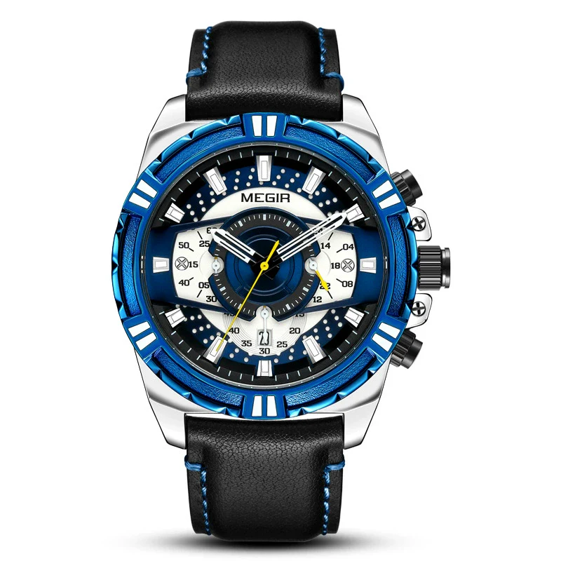 Men's Sports Chronograph Watch Alloy Case Genuine Leather Strap Mineral Strengthened Glass Mirror Round Dial - Image 4