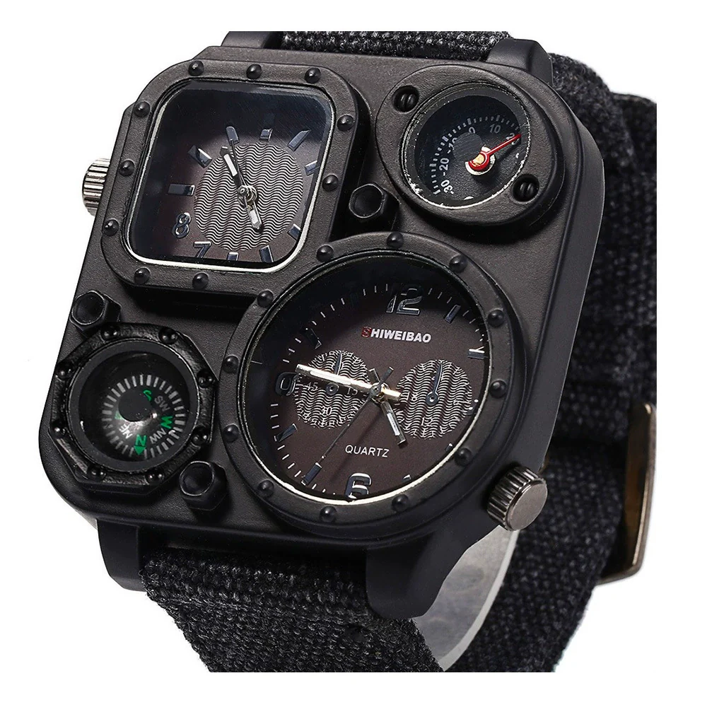 Men's Sports Denim Quartz Watch With Multitime Zone Square Dial Stainless Steel Case And Clasp Textile Strap