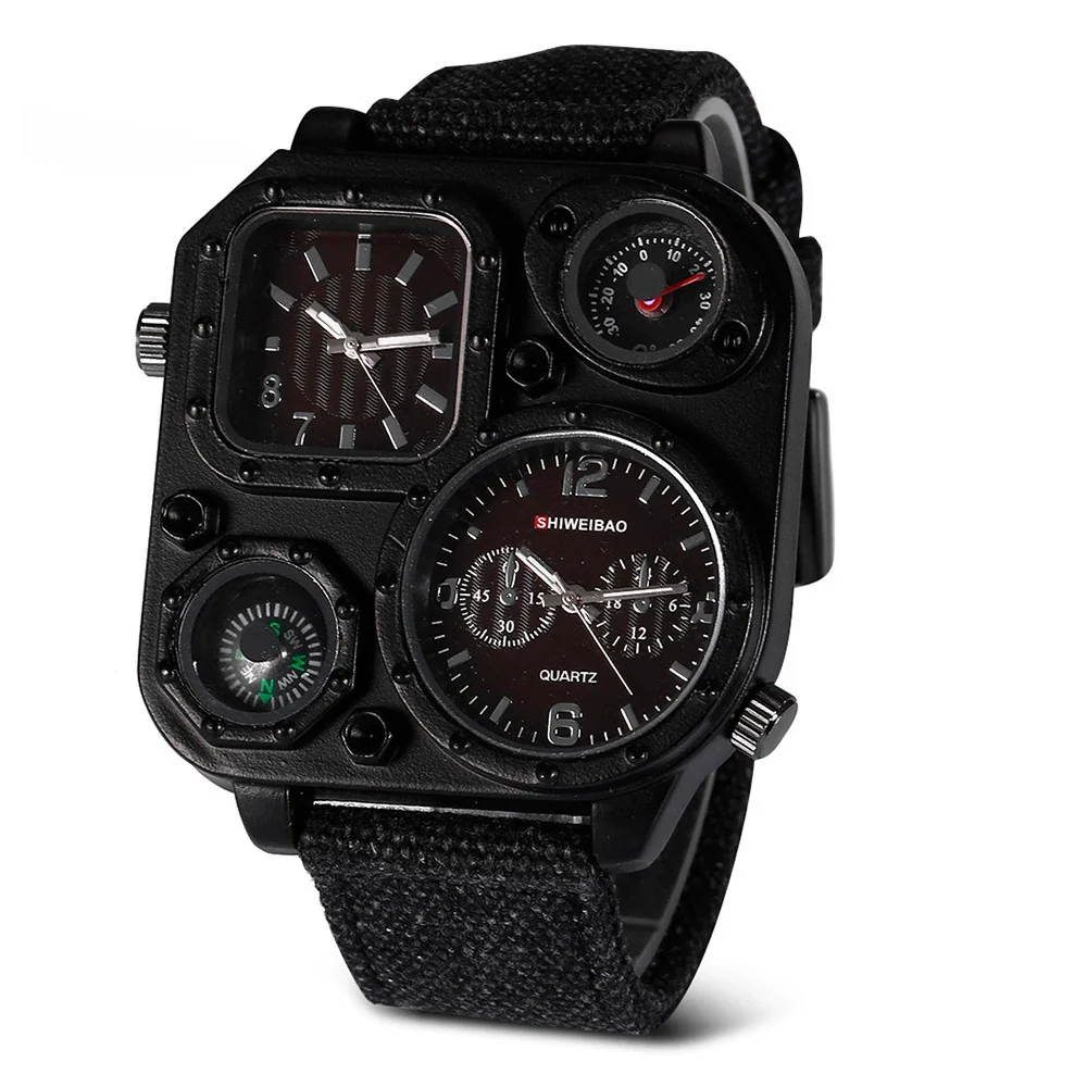 Men's Sports Denim Quartz Watch With Multitime Zone Square Dial Stainless Steel Case And Clasp Textile Strap - Image 2