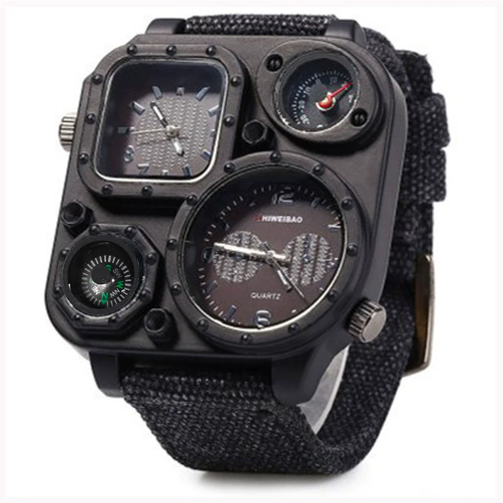 Men's Sports Denim Quartz Watch With Multitime Zone Square Dial Stainless Steel Case And Clasp Textile Strap - Image 6