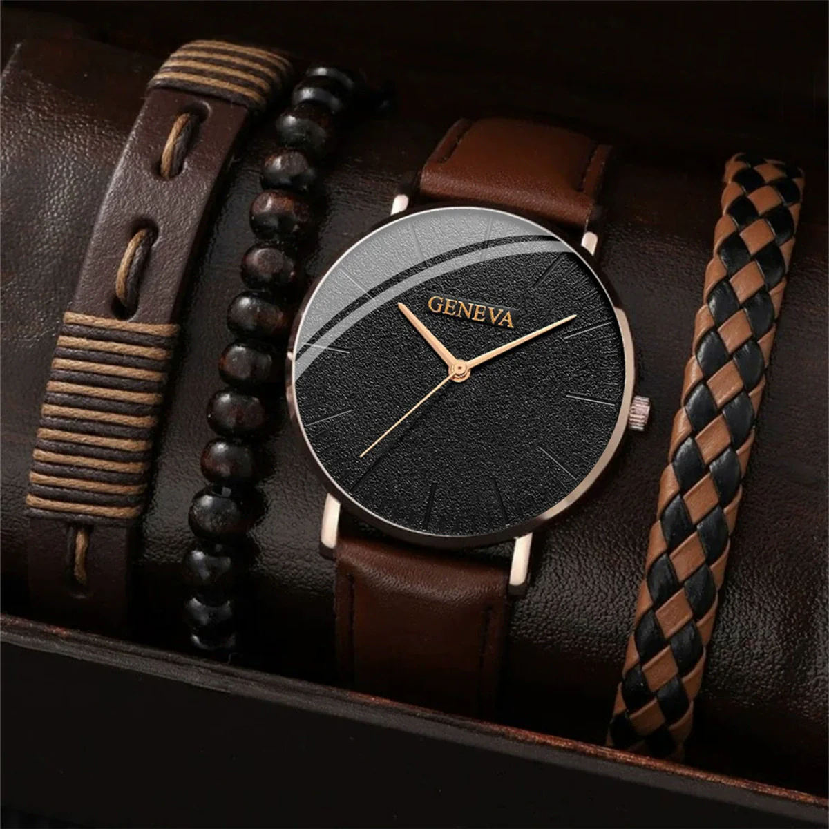 Men's Sports Style Watch Set Alloy Case Imitation Leather Strap Stainless Steel Clasp Round Dial