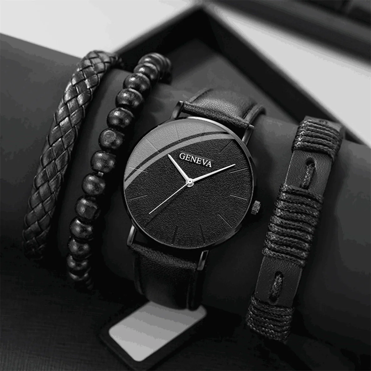 Men's Sports Style Watch Set Alloy Case Imitation Leather Strap Stainless Steel Clasp Round Dial - Image 6