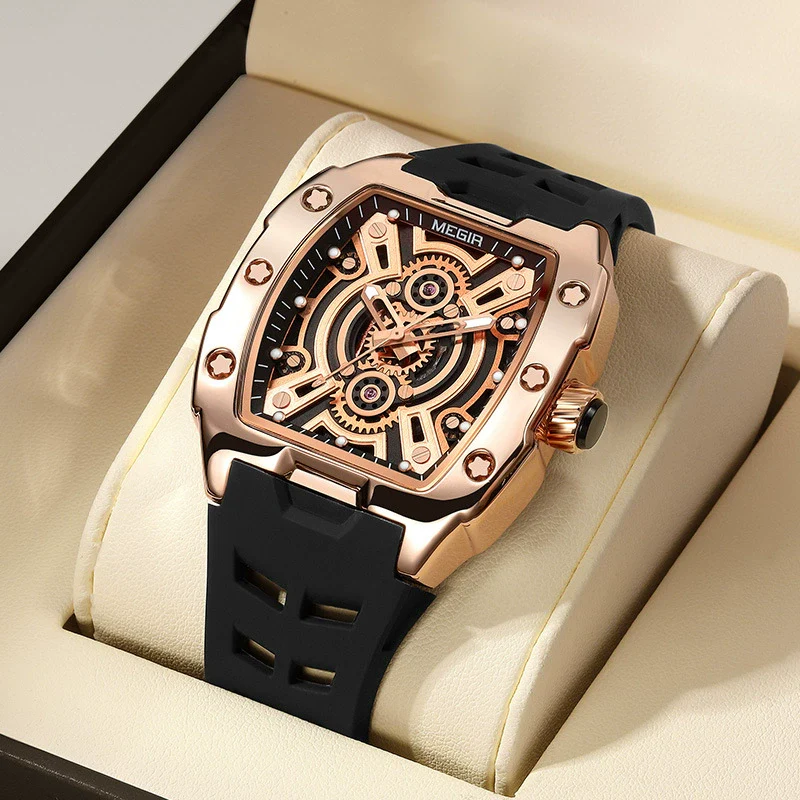 Men's Sports Watch Alloy Case Mineral Strengthened Glass Mirror Silicone Strap Barrel Shape - Image 4