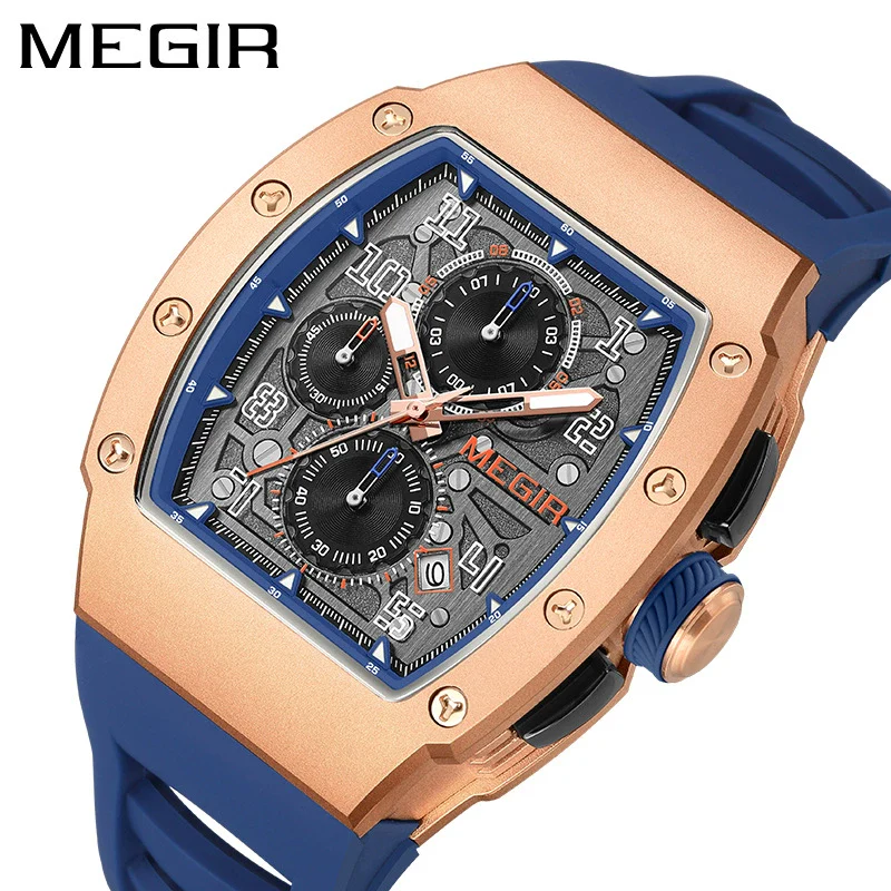 Men's Sports Watch Barrelshaped 316 Stainless Steel Case Silicone Strap Mineral Reinforced Glass Mirror