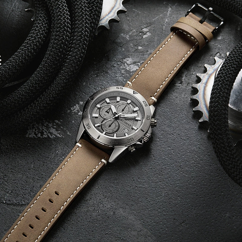 Men's Sports Watch Chronograph Calendar Luminous Waterproof Genuine Leather Strap Alloy Case Round Dial - Image 4
