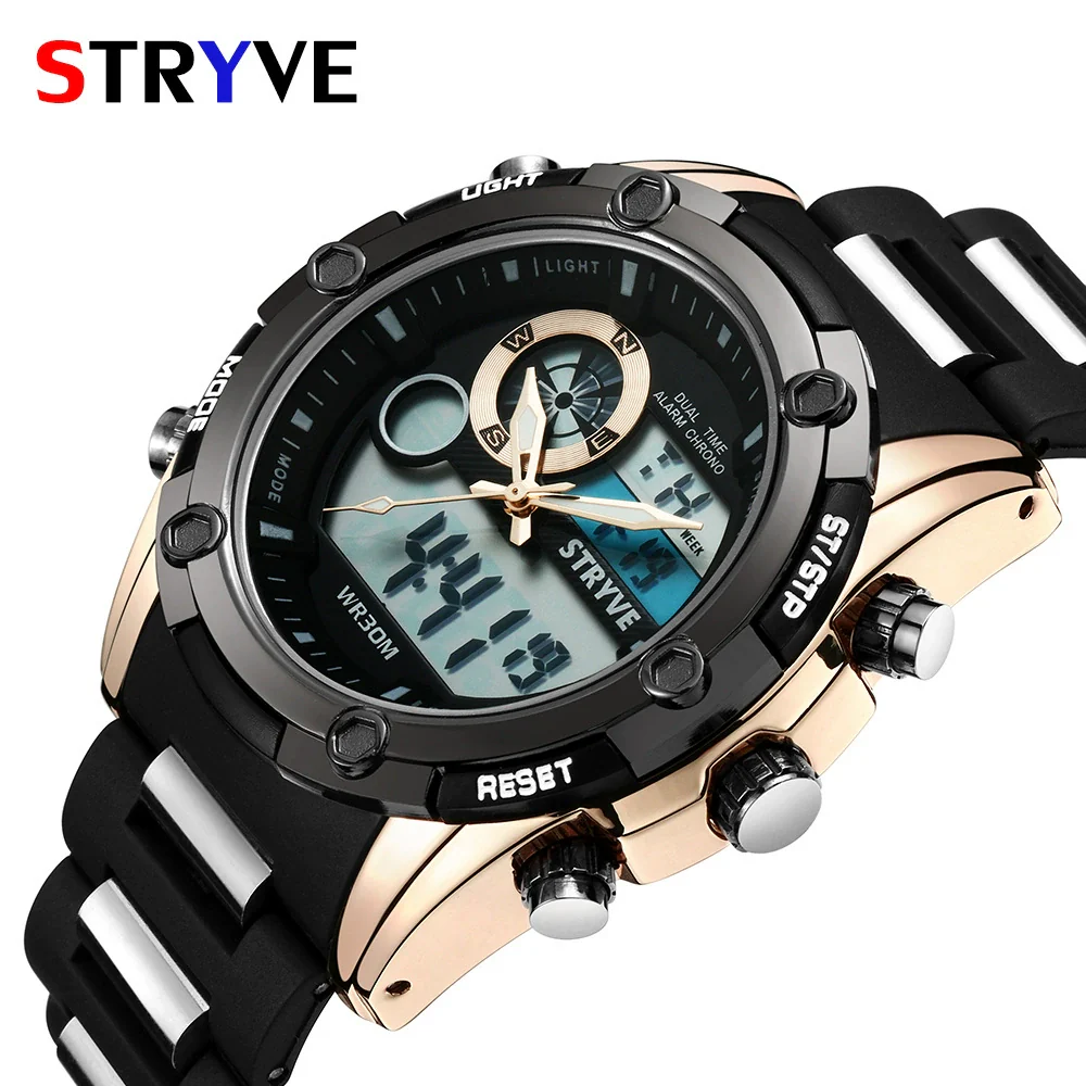 Men's Sports Watch Metal Case Mineral Strengthened Glass Mirror Silicone Metal Strap Round Dial Waterproof Multifunction Dual Display - Image 2