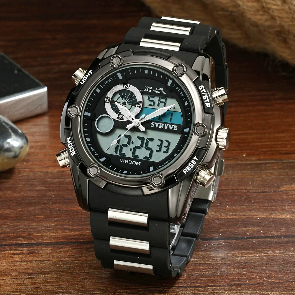 Men's Sports Watch Metal Case Mineral Strengthened Glass Mirror Silicone Metal Strap Round Dial Waterproof Multifunction Dual Display - Image 4