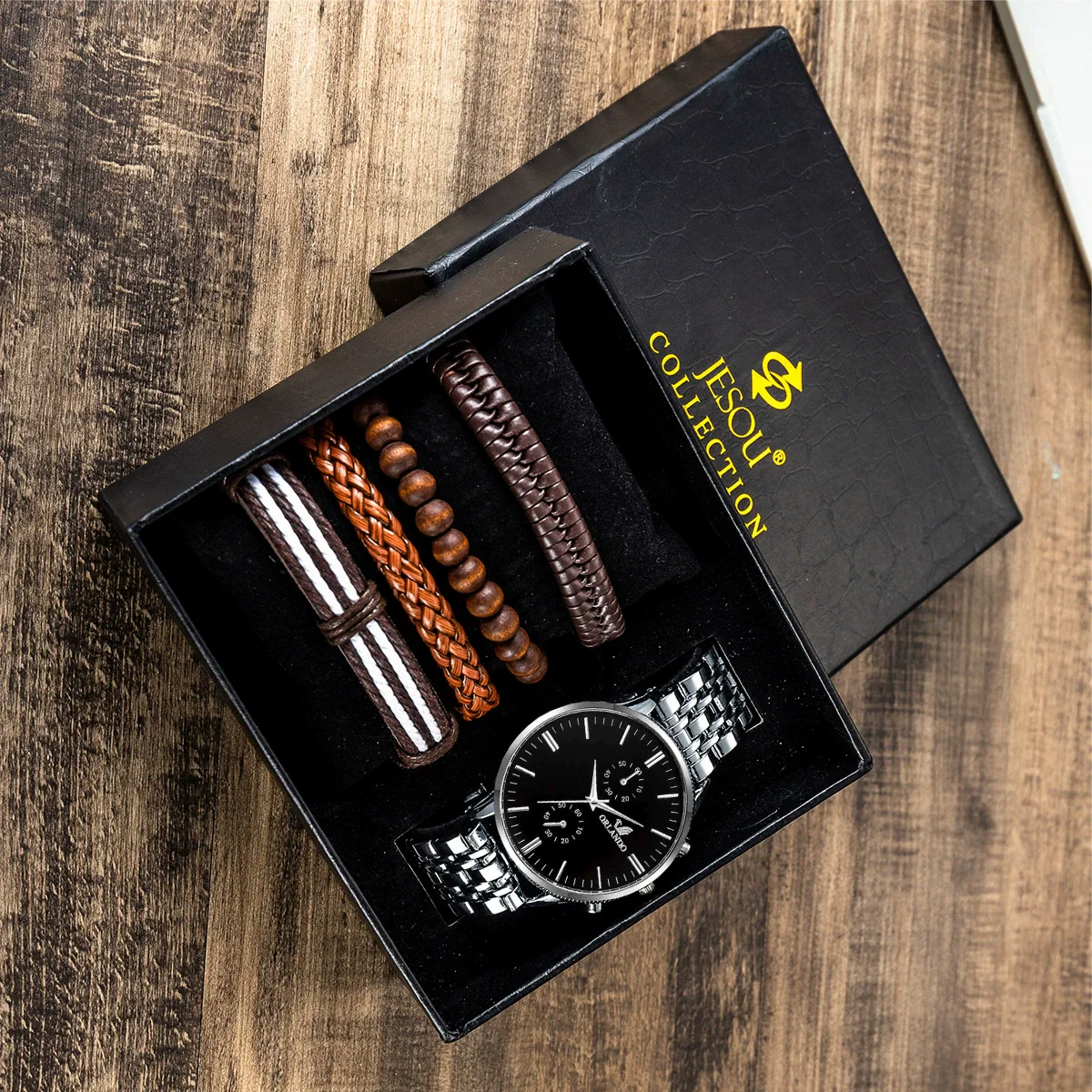 Men's Stainless Steel Alloy Quartz Watch And Bracelet Set Square Dial Leisure Style - Image 2