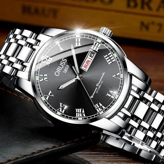 Men's Stainless Steel And Alloy Watch With Automatic Movement Waterproof Luminous Calendar Round Dial Spiral Crown Mineral Strengthened Glass Mirror - Image 4