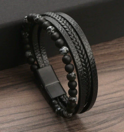 Men's Stainless Steel And Magnetic Material Handwoven Multilayer Leather Bracelet With Geometric Style - Image 16