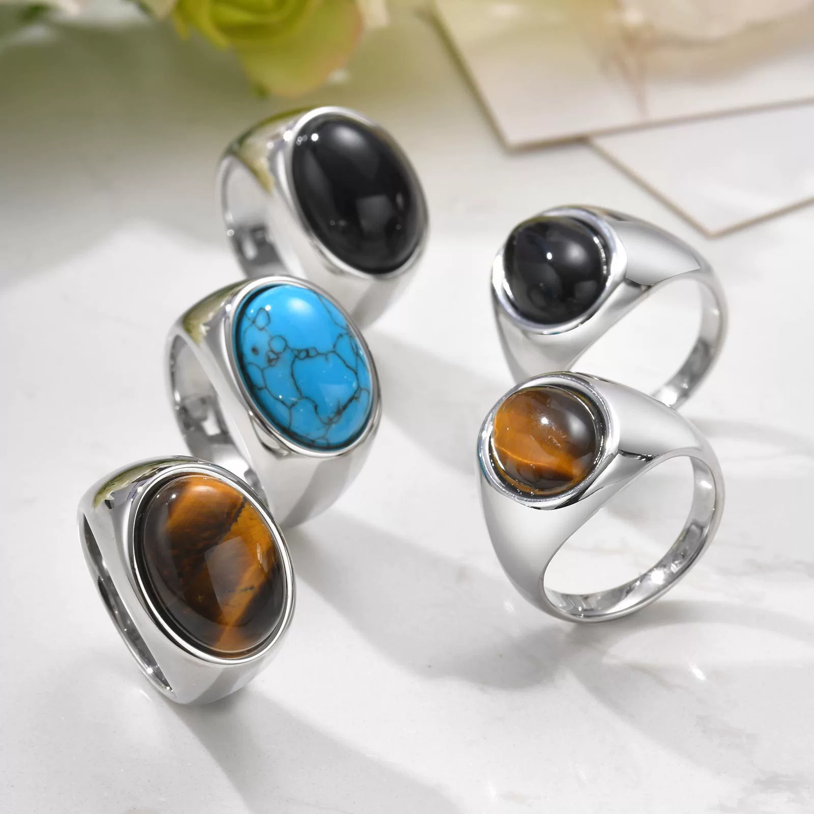 Men's Stainless Steel Inlaid Black Agate Geometric Oval Ring With Polish Finish - Image 4