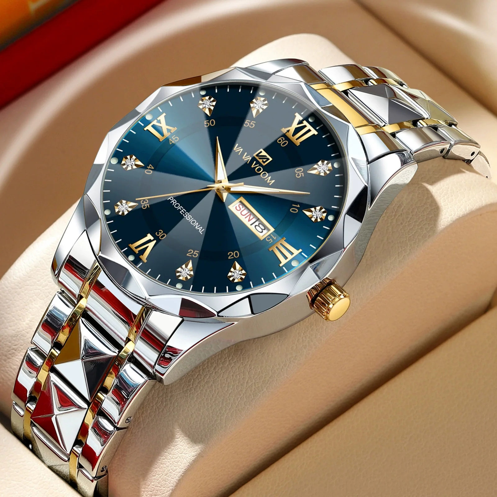 Men's Stainless Steel Metal Watch Waterproof Business Style With Three Dimensional Diamond Face And Round Dial