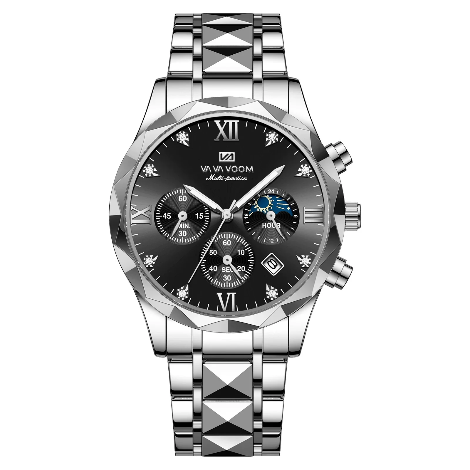 Men's Stainless Steel Metal Watch Waterproof Business Style With Three Dimensional Diamond Face And Round Dial - Image 12