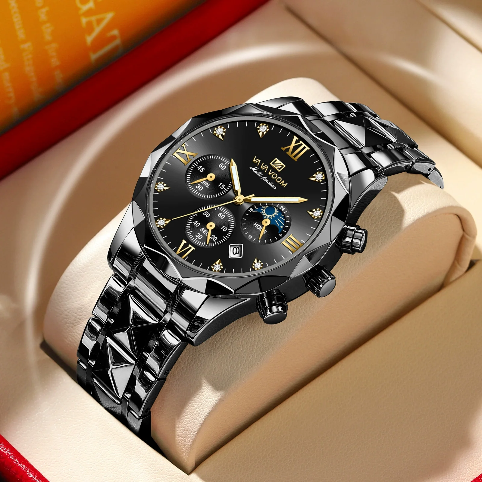 Men's Stainless Steel Metal Watch Waterproof Business Style With Three Dimensional Diamond Face And Round Dial - Image 9
