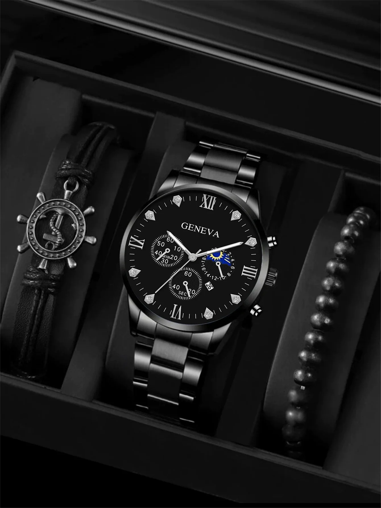 Men's Stainless Steel Quartz Watch Bracelet Set Fashion Round Dial With Printed Logo And Horseshoe Buckle - Image 8