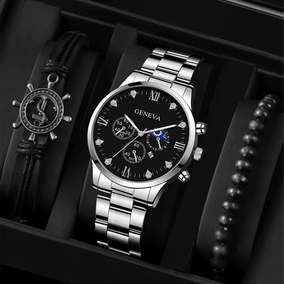 Men's Stainless Steel Quartz Watch Bracelet Set Fashion Round Dial With Printed Logo And Horseshoe Buckle - Image 9