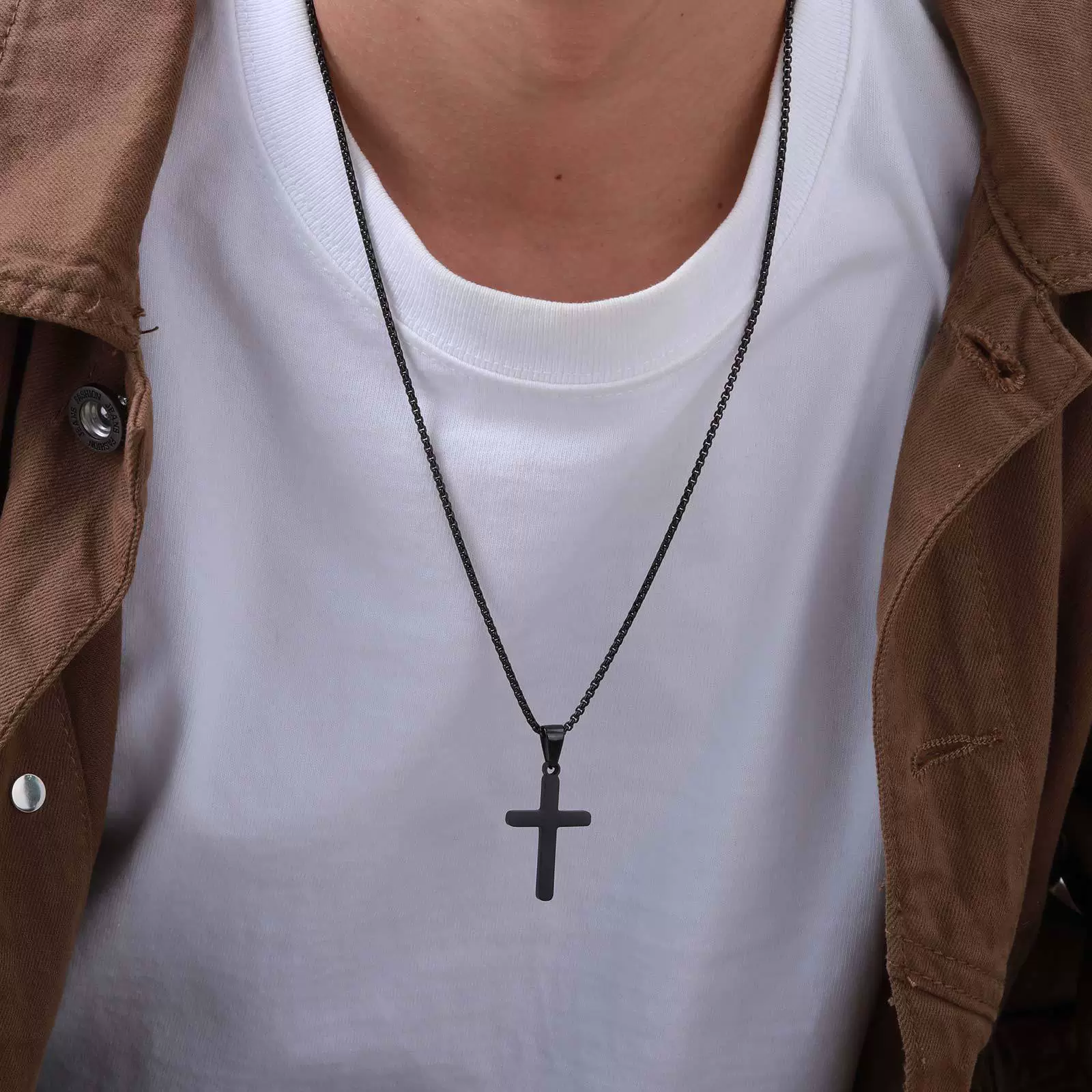 Men's Stainless Steel Sand Face Cross Pendant Necklace Electroplated - Image 3