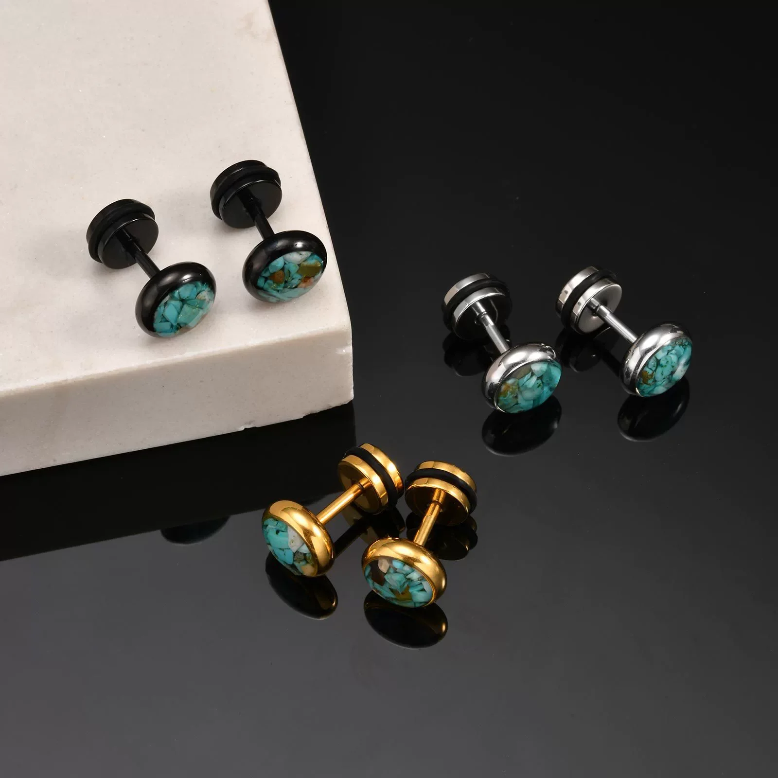 Men's Street Stainless Steel Geometric Epoxy Turquoise Round Pierced Earrings Electroplated - Image 3