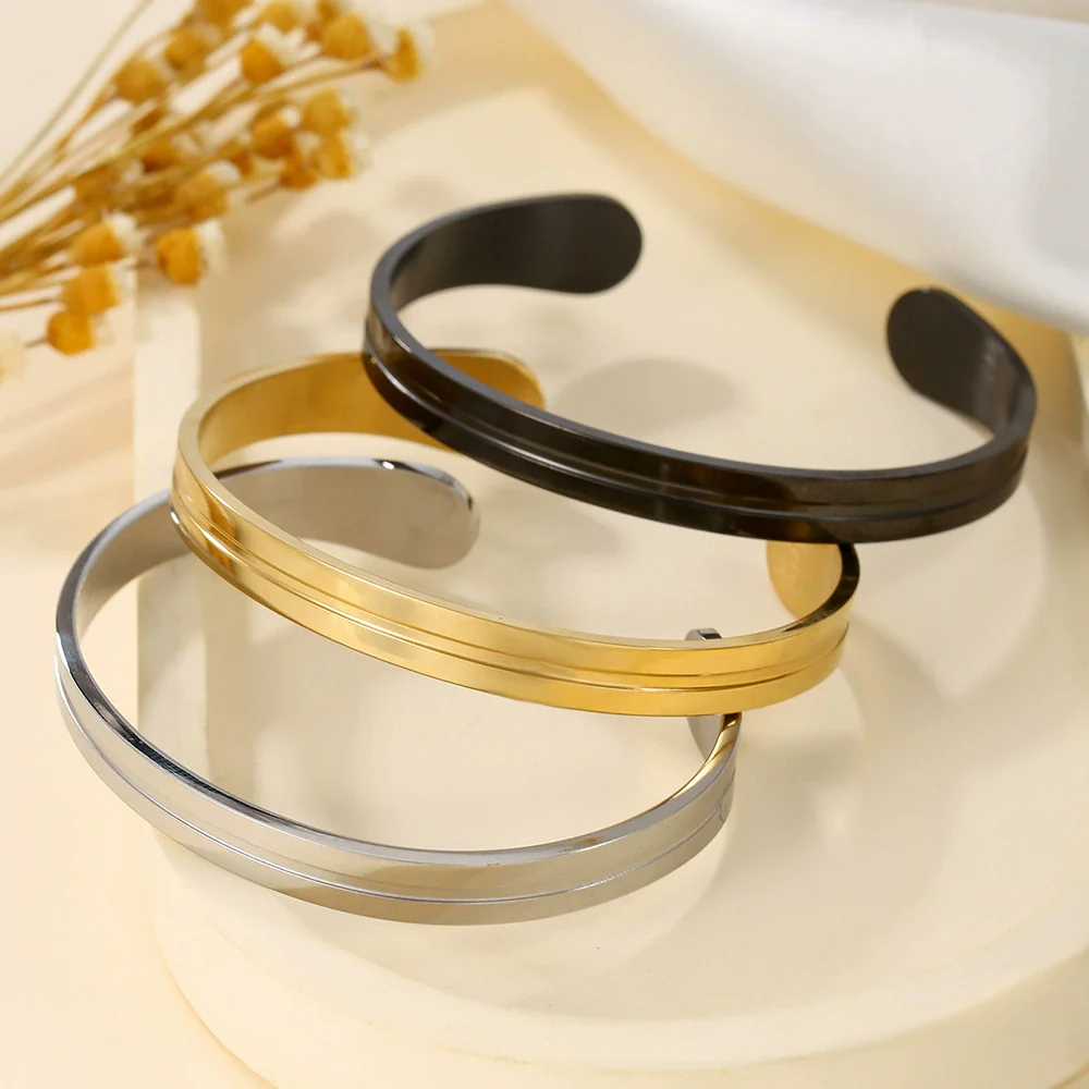 Men's Titanium Steel Cshaped Open Geometric Groove Electroplated Bracelet - Image 2