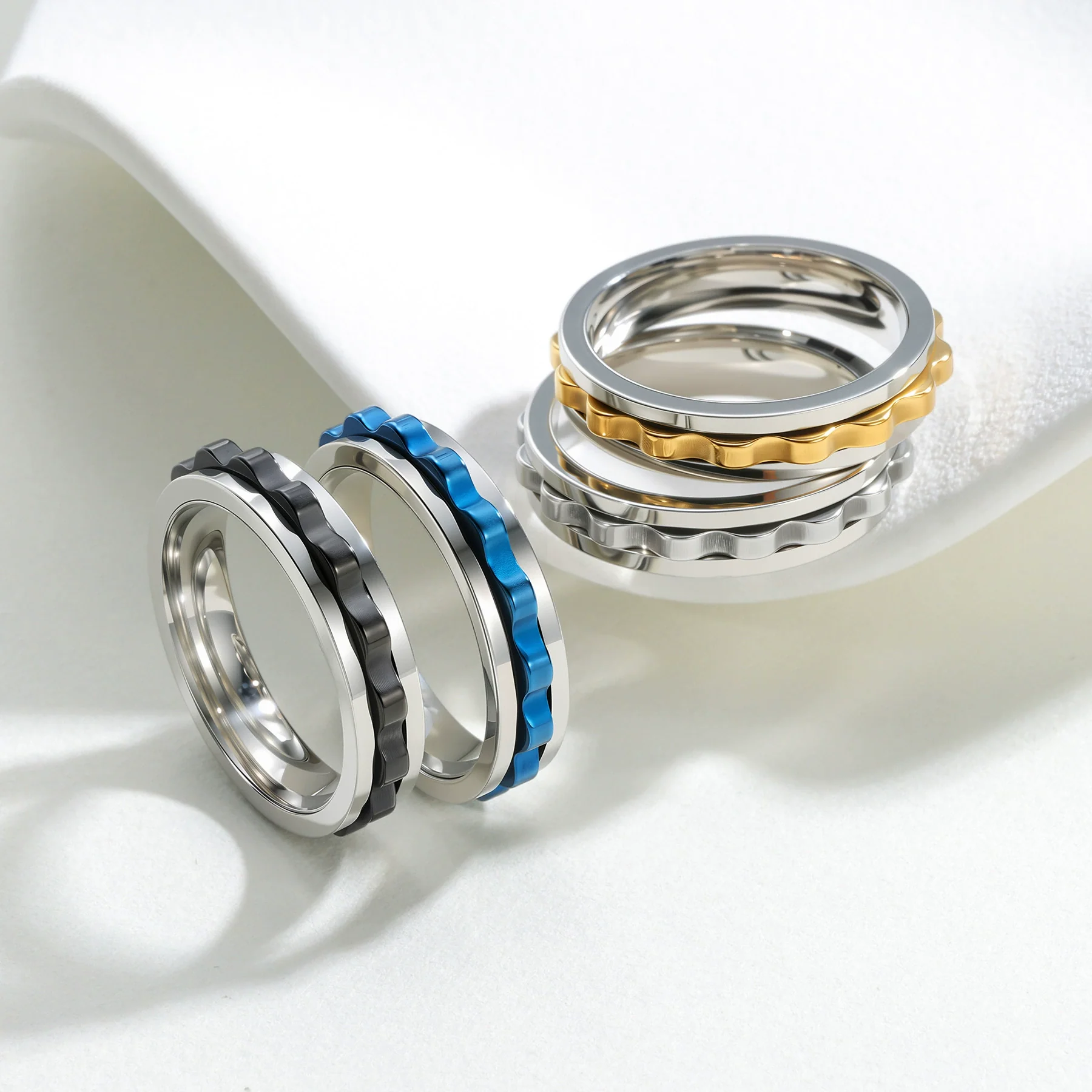 Men's Titanium Steel Ring Geometric Ushaped Multicolor Gear Rotating Decompression Electroplated Jewelry
