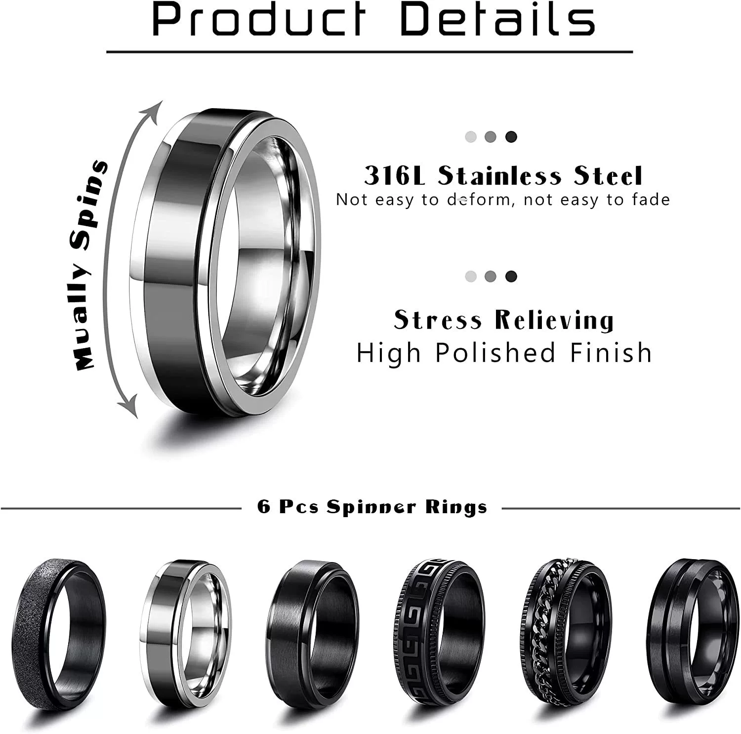 Men's Titanium Steel Rotating Decompression Ring Geometric Black Mysterious Style Electroplated - Image 5