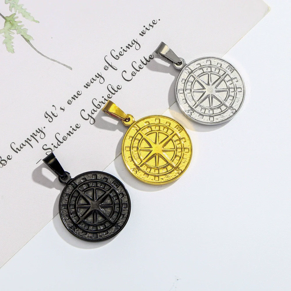 Men's Viking Nordic Style Stainless Steel Metallic Compass Pendant Necklace With Dripping Oil Design - Image 2