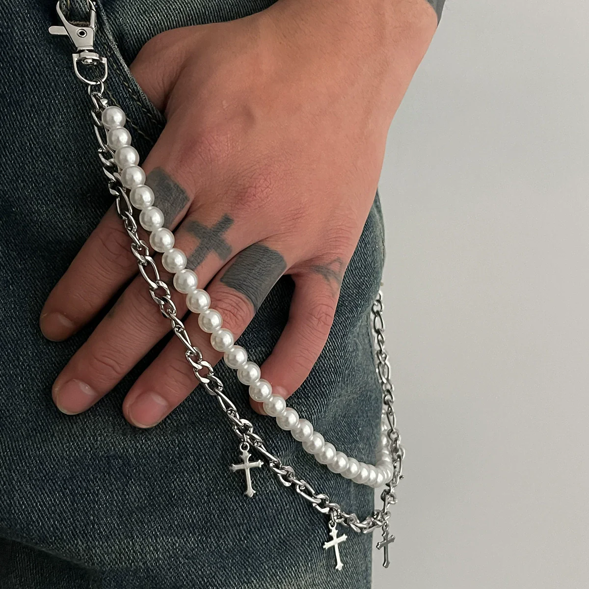 Men's Waist Chain Pendant Pearl Cross Metal Purely Handmade - Image 2