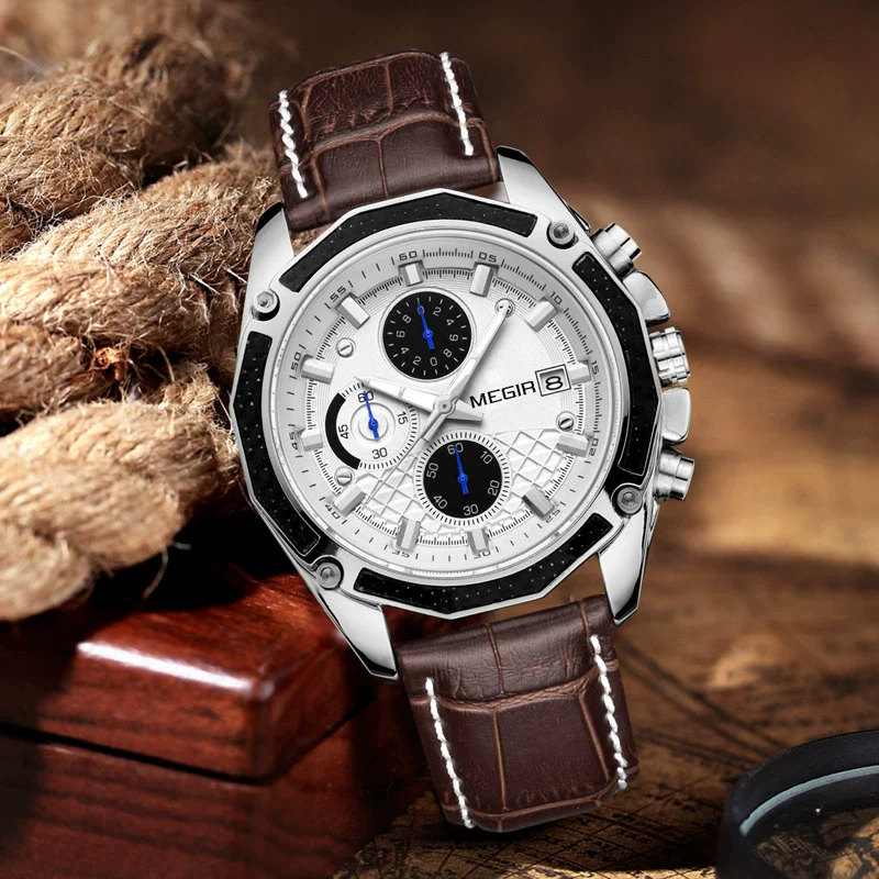 Men's Watch Alloy Case Leather Strap Mineral Strengthened Glass Mirror Multi Functional Sports Watch - Image 3